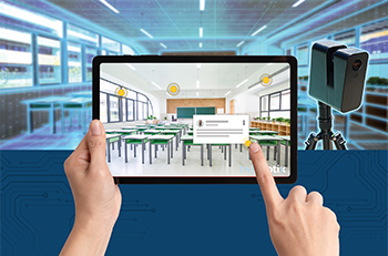 Illustration of an empty classroom on a tablet screen.